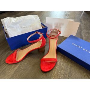NEW w/BOX Stuart Wietzman Simple‎ Sandal Open Heels Suede Red Orange 8.5 (EU 39)